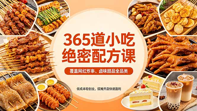 365道小吃绝密配方课：覆盖网红炸串、卤味甜品全品类，低成本轻创业，摆摊开店快速盈利-蜗牛学社