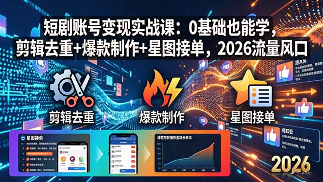 短剧账号变现实战课：0基础也能学，剪辑去重+爆款制作+星图接单，2026流量风口-蜗牛学社