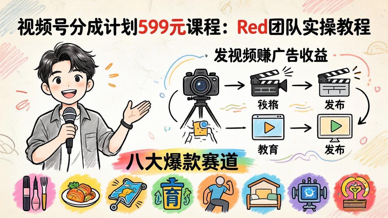 视频号分成计划599元课程：Red团队实操教程，发视频赚广告收益，八大爆款赛道全掌握-蜗牛学社