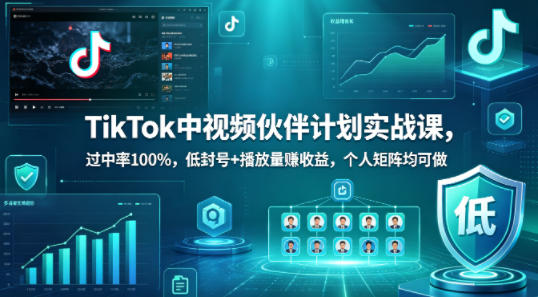 TikTok中视频伙伴计划实战课，过中率100%，低封号+播放量賺收益，个人矩阵均可做-蜗牛学社