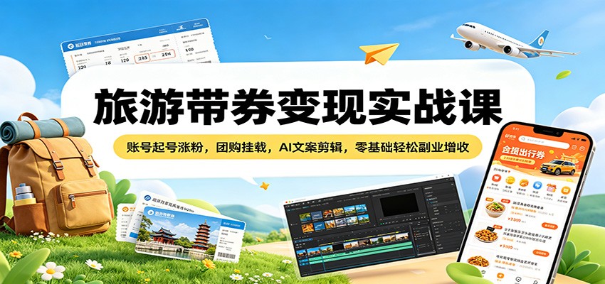 旅游带券变现实战课：账号起号涨粉，团购挂载，AI文案剪辑，零基础轻松副业增收-蜗牛学社