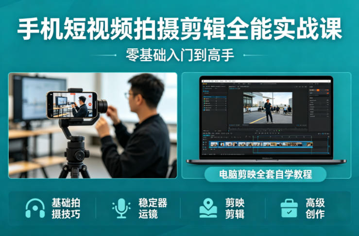 手机短视频拍摄剪辑全能实战课：零基础入门到高手，稳定器运镜+电脑剪映全套自学教程-蜗牛学社