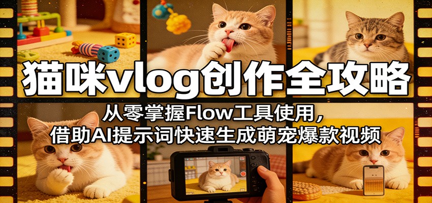 猫咪vlog创作全攻略：从零掌握Flow工具使用，借助AI提示词快速生成萌宠爆款视频-蜗牛学社