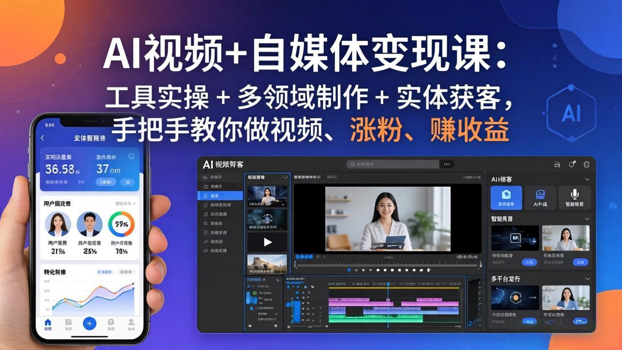 AI视频+自媒体变现课：工具实操 + 多领域制作 + 实体获客，手把手教你做视频、涨粉、赚收益-蜗牛学社