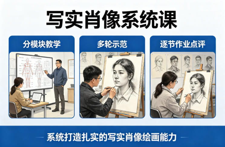 写实肖像系统课，全程分模块教学+多轮示范+逐节作业点评，系统打造扎实的写实肖像绘画能力-蜗牛学社