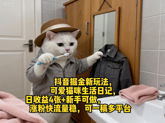 抖音掘金新玩法，可爱猫咪生活日记，日收益4张+新手可做，涨粉快流量稳，可一稿多平台-蜗牛学社