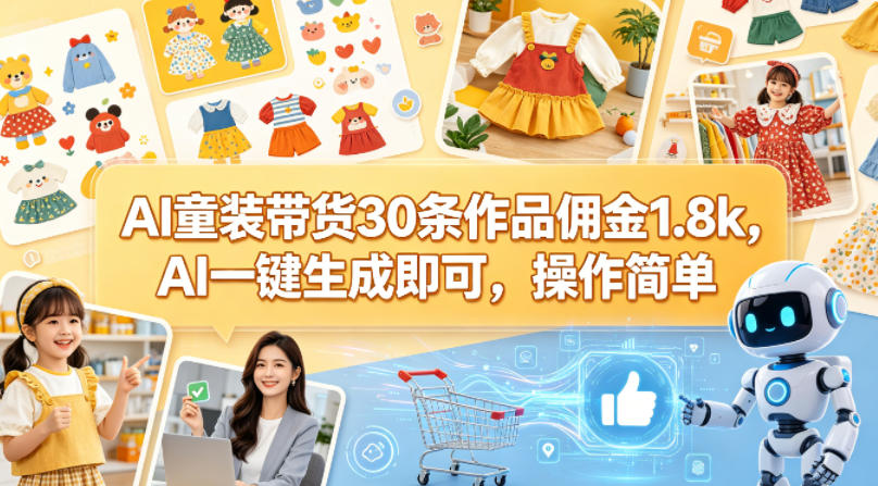AI童装带货30条作品佣金1.8k，AI一键生成即可，操作简单-蜗牛学社
