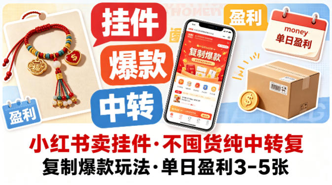 小红书卖挂件，不囤货纯中转复制爆款玩法，单日盈利3-5张-蜗牛学社