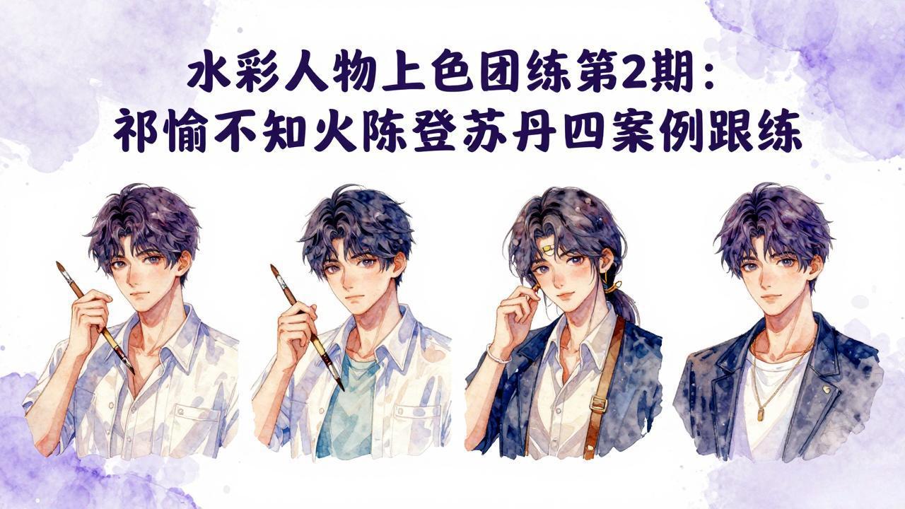水彩人物上色团练第2期：祁煜不知火陈登苏丹四案例跟练，手把手提升绘画能力-蜗牛学社