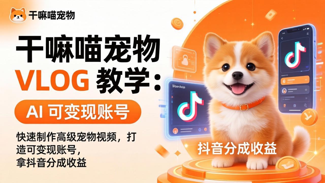 干嘛喵宠物 VLOG 教学：AI 快速制作高级宠物视频，打造可变现账号，拿抖音分成收益-蜗牛学社