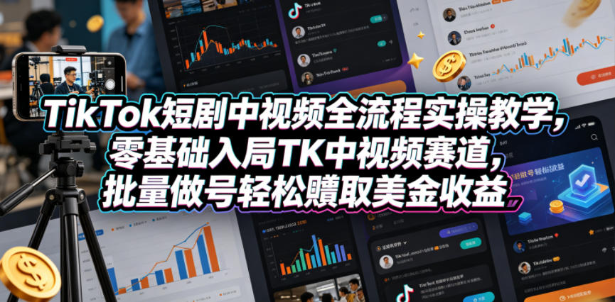 TikTok短剧中视频全流程实操教学，零基础入局TK中视频赛道，批量做号轻松賺取美金收益-蜗牛学社