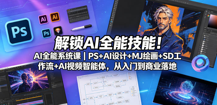 解锁AI全能技能！AI全能系统课｜PS+AI设计+MJ绘画+SD工作流+AI视频智能体，从入门到商业落地-蜗牛学社