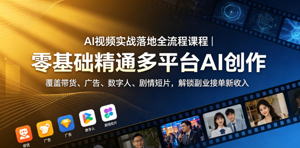 AI视频实战落地全流程课程|零基础精通多平台AI创作,覆盖带货、广告、数字人、剧情短片,解锁副业接单新收入-蜗牛学社