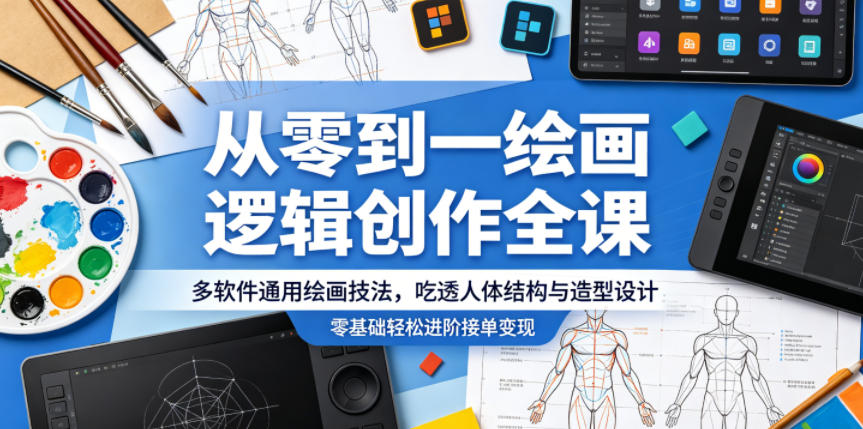 从零到一绘画逻辑创作全课，多软件通用绘画技法，吃透人体结构与造型设计，零基础轻松进阶接单变现-蜗牛学社