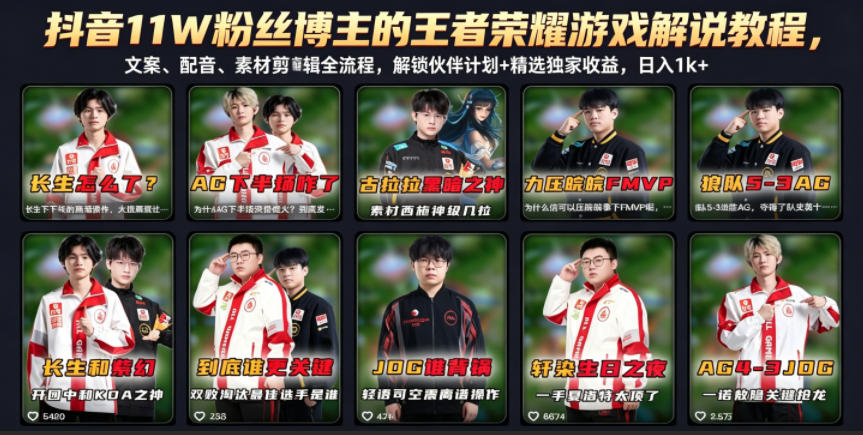 抖音11W粉丝博主的王者荣耀游戏解说教程,文案、配音、素材剪辑全流程,解锁伙伴计划+精选独家收益,日入1k+-蜗牛学社