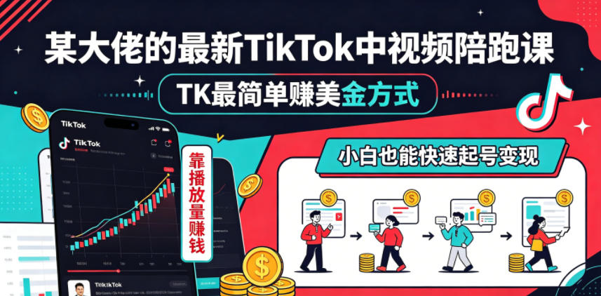 某大佬的最新TikTok中视频陪跑课，TK最简单賺美金方式，靠播放量賺钱，小白也能快速起号变现-蜗牛学社