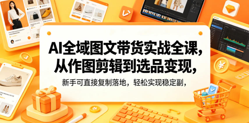 AI全域图文带货实战全课,从作图剪辑到选品变现,新手可直接复制落地,轻松实现稳定副业增收-蜗牛学社