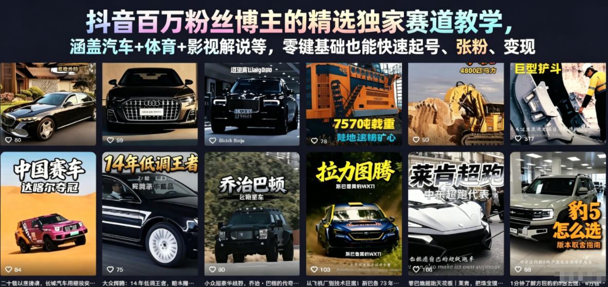 抖音百万粉丝博主的精选独家赛道教学，涵盖汽车+体育+影视解说等，零基础也能快速起号、涨粉、变现-蜗牛学社
