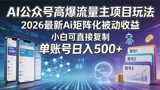 AI公众号高爆流量主项目玩法，2026最新Ai矩阵化被动收益，小白可直接复制，单账号日入500+-蜗牛学社
