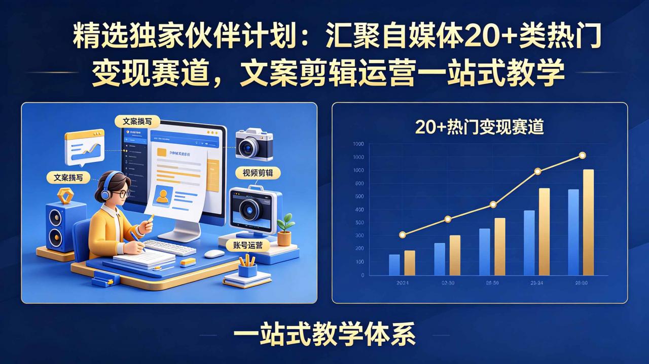 精选独家伙伴计划：汇聚自媒体20+类热门变现赛道，文案剪辑运营一站式教学-蜗牛学社