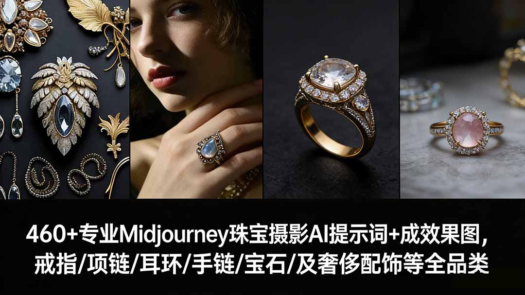 460+专业Midjourney珠宝摄影AI提示词+成效果图，戒指/项链/耳环/手链/宝石/及奢侈配饰等全品类-蜗牛学社