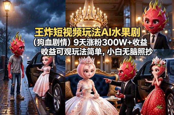 王炸短视频玩法AI水果剧(狗血剧情)9天涨粉300W+收益可观玩法简单，小白无脑照抄，详细拆解玩法-蜗牛学社