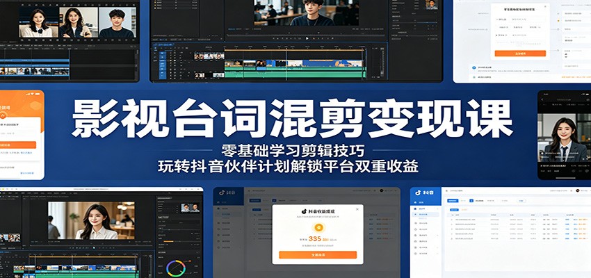 影视台词混剪变现课：零基础学习剪辑技巧，玩转抖音伙伴计划解锁平台双重收益-蜗牛学社