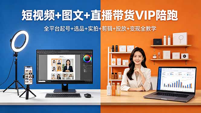短视频+图文+直播带货VIP陪跑，全平台起号+选品+实拍+剪辑+投放+变现全教学-蜗牛学社