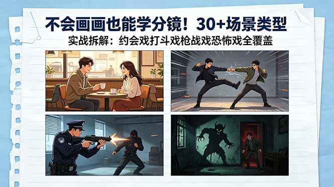 不会画画也能学分镜!30+场景类型实战拆解:约会戏打斗戏枪战戏恐怖戏全覆盖-蜗牛学社
