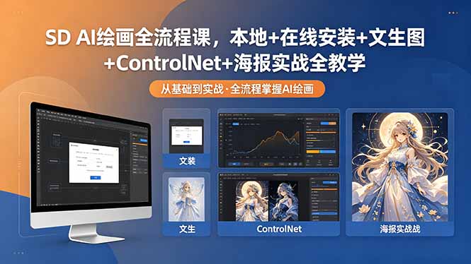 SD AI绘画全流程课，本地+在线安装+文生图+ControlNet+海报实战全教学-蜗牛学社