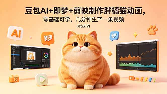 豆包AI+即梦+剪映制作胖橘猫动画，零基础可学，几分钟生产一条视频，附提示词-蜗牛学社