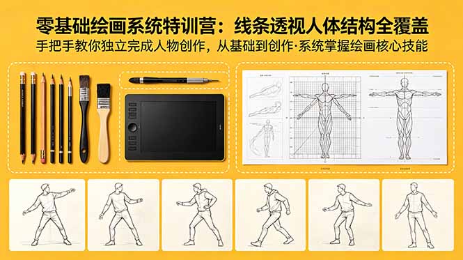 零基础绘画系统特训营:线条透视人体结构全覆盖,手把手教你独立完成人物创作-蜗牛学社