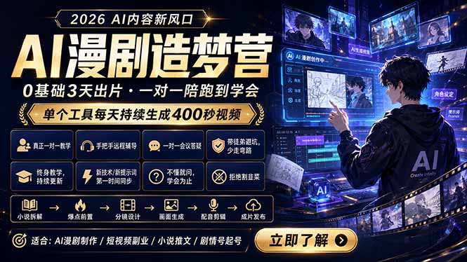AI漫剧造梦营:0基础3天出片,单个工具每天持续生成400秒视频-蜗牛学社