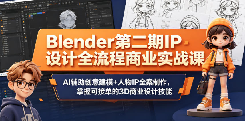 Blender第二期IP设计全流程商业实战课，AI辅助创意建模+人物IP全案制作，掌握可接单的3D商业设计技能-蜗牛学社