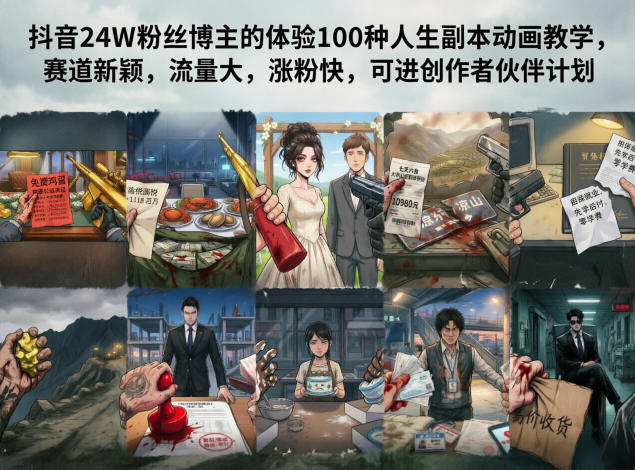 抖音24W粉丝博主的体验100种人生副本动画教学，赛道新颖，流量大，涨粉快，可进创作者伙伴计划-蜗牛学社