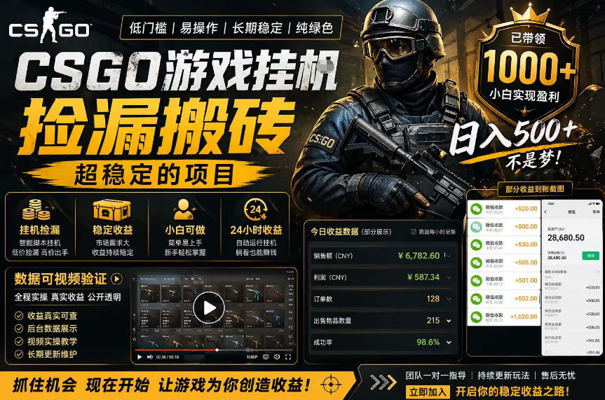 CSGO游戏搬砖，全自动挂G，不需要玩游戏，手机操作日入300+，解放双手【揭秘】-蜗牛学社