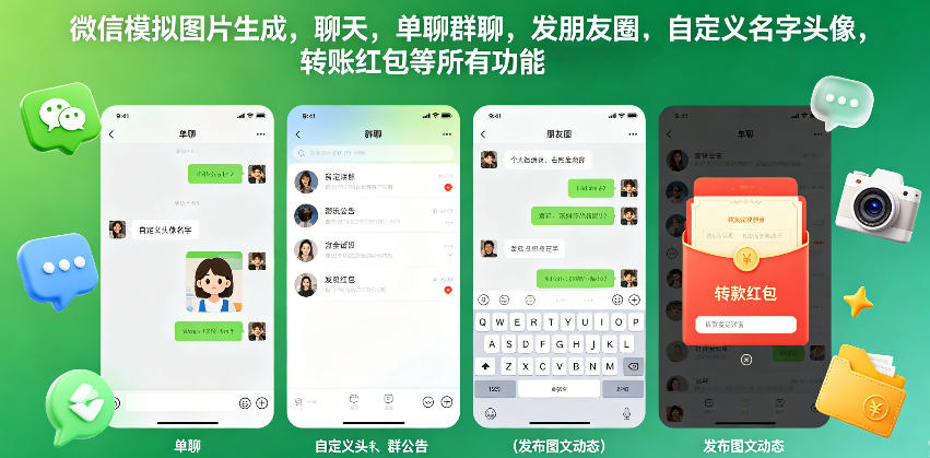 微信模拟图片生成，聊天，单聊群聊，发朋友圈，自定义名字头像，转账红包等所有功能都可以生成-蜗牛学社