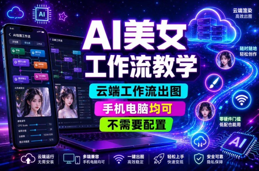 AI美女工作流教学，云端工作流出图，手机电脑均可，不需要配置，快速起号涨粉-蜗牛学社