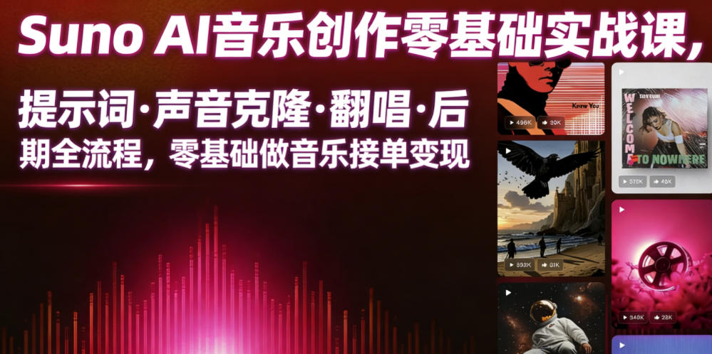 Suno AI音乐创作实战课,提示词・声音克隆・翻唱・后期全流程,零基础做音乐接单变现-蜗牛学社