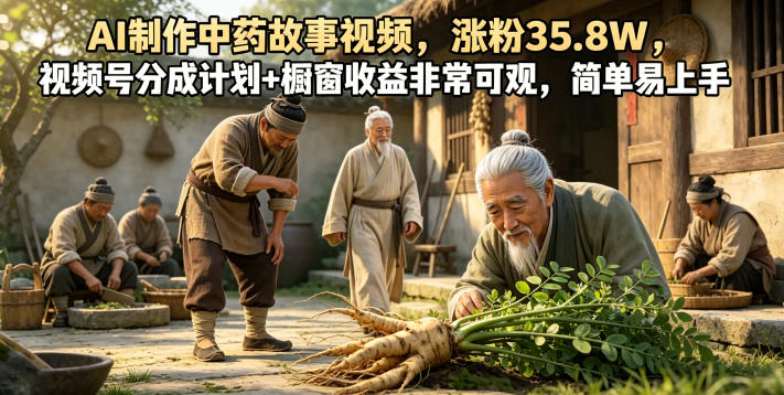 AI制作中药故事视频,涨粉35.8W,视频号分成计划+橱窗收益非常可观,简单易上手-蜗牛学社