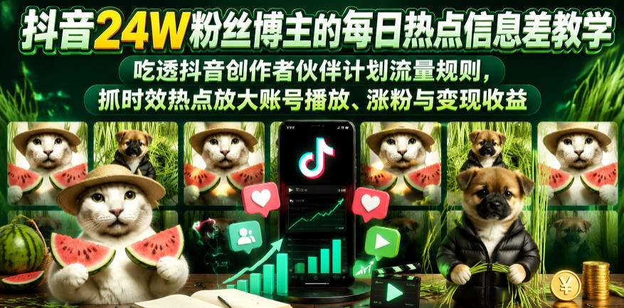 抖音24W粉丝博主的每日热点信息差教学,吃透创作者伙伴计划流量规则,抓时效热点放大账号播放、涨粉与变现收益-蜗牛学社