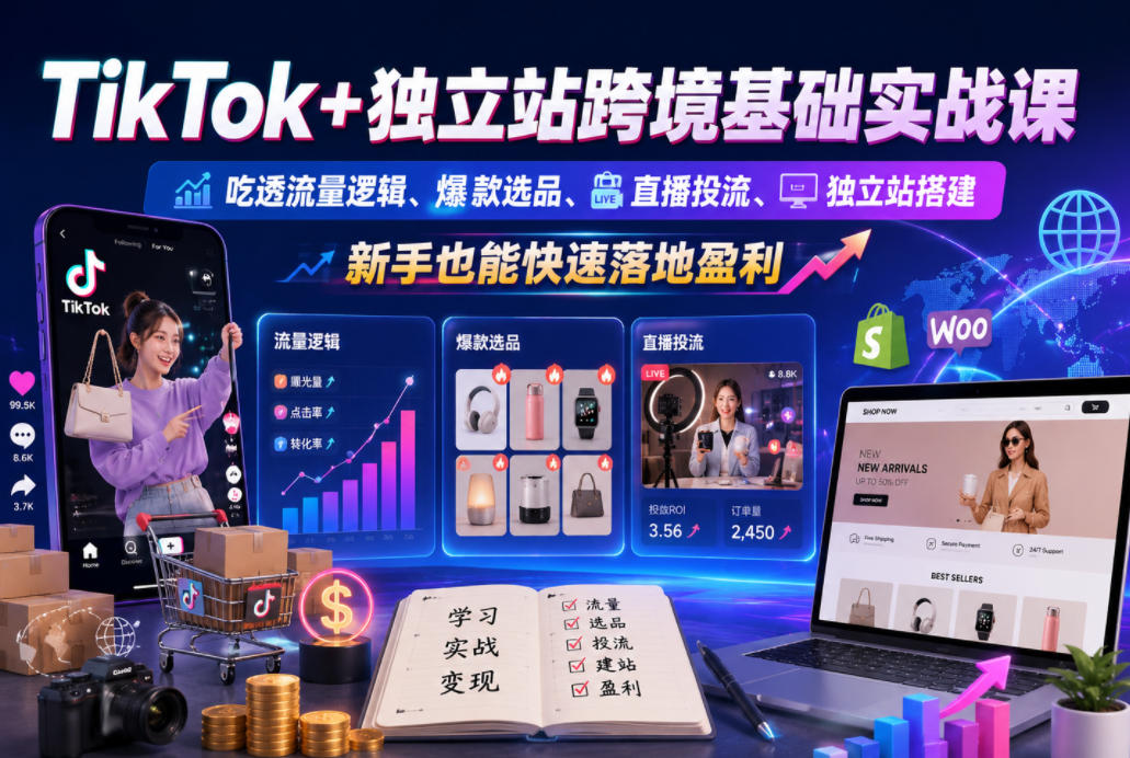 TikTok+独立站跨境基础实战课,吃透流量逻辑、爆款选品、直播投流与独立站搭建,新手也能快速落地盈利-蜗牛学社