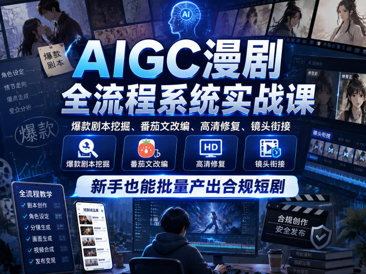 AIGC漫剧全流程系统实战课,爆款剧本挖掘、番茄文改编、高清修复、镜头衔接,新手也能批量产出合规短剧-蜗牛学社