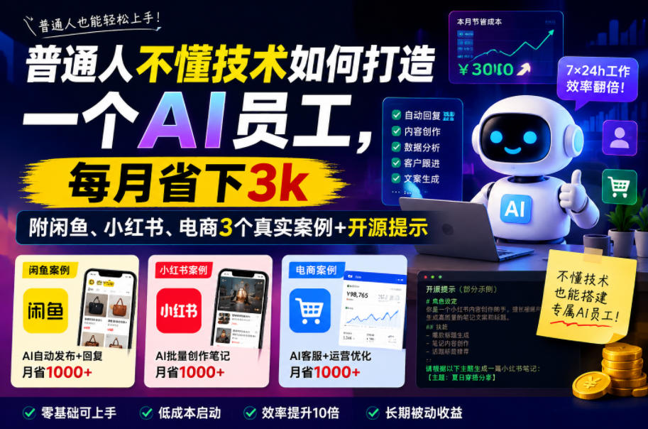 普通人不懂技术如何打造一个AI员工，每月省下3k，附闲鱼、小红书、电商3个真实案例+开源提示【文档】-蜗牛学社