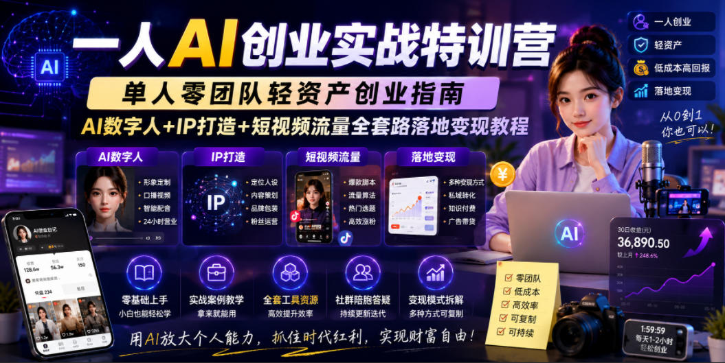 一人AI创业实战特训营,单人零团队轻资产创业指南,AI数字人+IP打造+短视频流量全套路落地变现教程-蜗牛学社