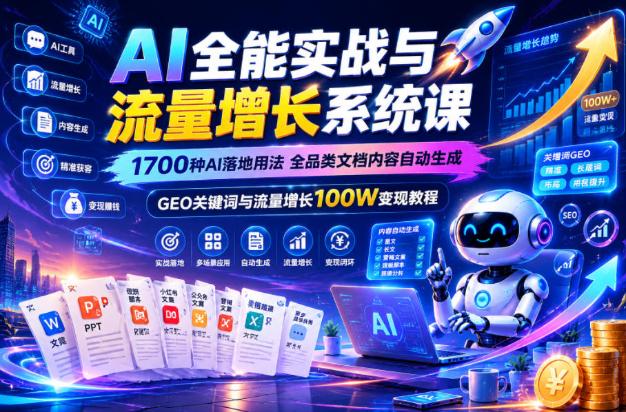 AI全能实战与流量增长系统课，1700种AI落地用法，全品类文档内容自动生成，GEO关键词与流量增长100W变现教程-蜗牛学社