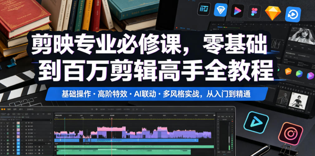 剪映专业必修课，零基础到百万剪辑高手全教程，基础操作・高阶特效・AI联动・多风格实战，从入门到精通-蜗牛学社