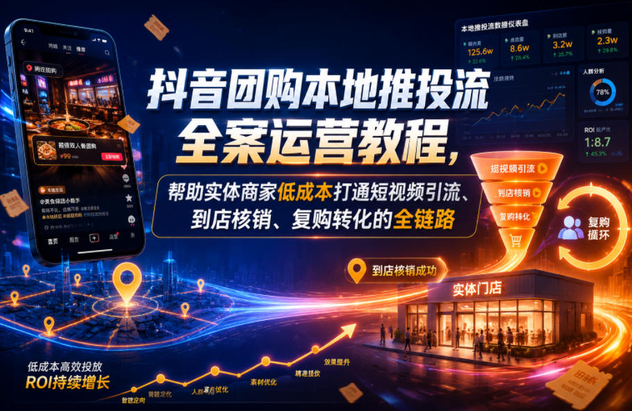 抖音团购本地推投流全案运营教程，帮助实体商家低成本打通短视频引流、到店核销、复购转化的全链路-蜗牛学社