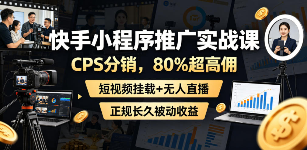 快手小程序推广实战课,CPS分销,80%超高佣,短视频挂载+无人直播,正规长久被动收益-蜗牛学社