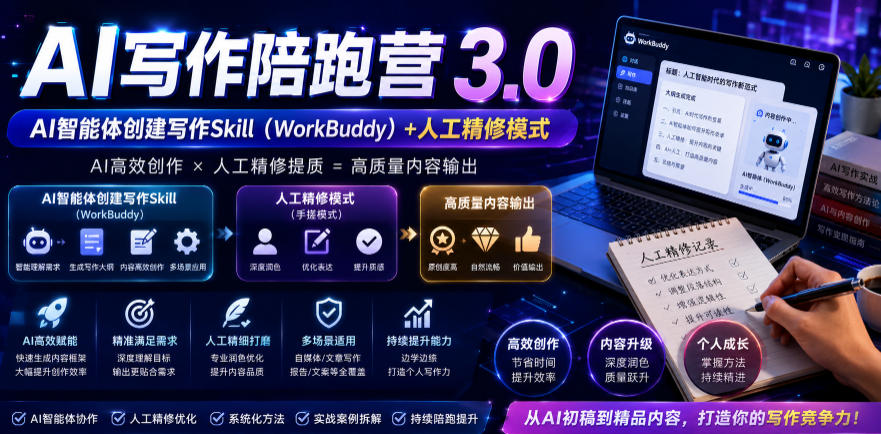 AI写作陪跑营3.0，Ai智能体创建写作skill（workbuddy）+人工手写模式（手搓模式），去除AI痕迹（头条号、公众号、百家号）-蜗牛学社